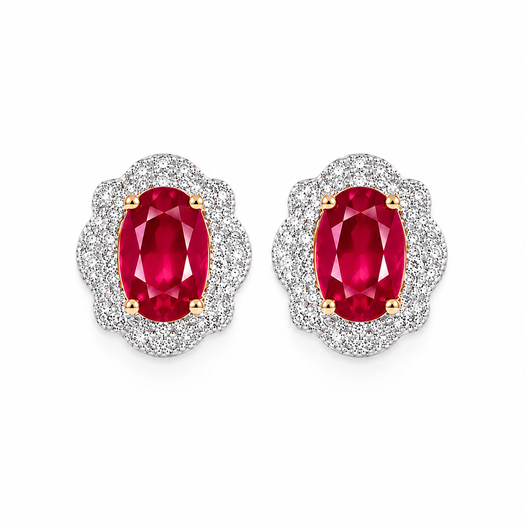 Natural 4x6mm Ruby Halo Stud Earrings in 925 Sterling Silver with Platinum Plating and Cubic Zirconia by Phimsera
