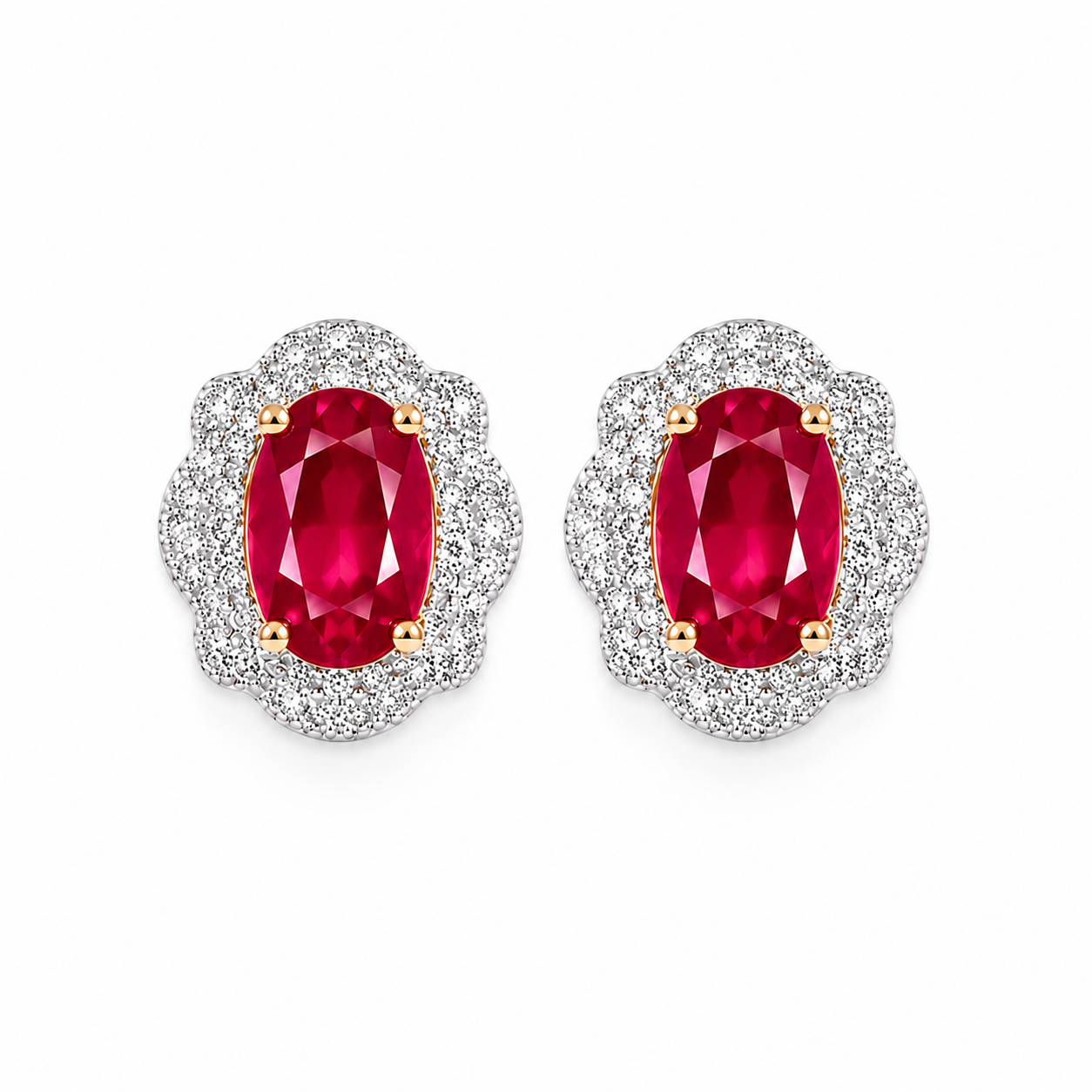 Natural 4x6mm Ruby Halo Stud Earrings in 925 Sterling Silver with Platinum Plating and Cubic Zirconia by Phimsera