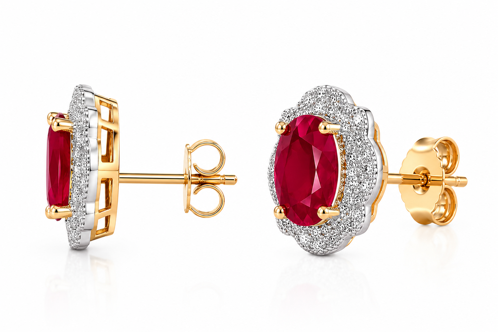 Natural 4x6mm Ruby Halo Stud Earrings in 925 Sterling Silver with Platinum Plating and Cubic Zirconia by Phimsera