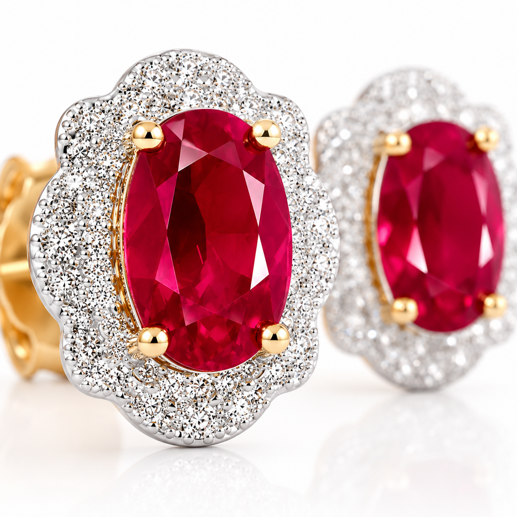Natural 4x6mm Ruby Halo Stud Earrings in 925 Sterling Silver with Platinum Plating and Cubic Zirconia by Phimsera