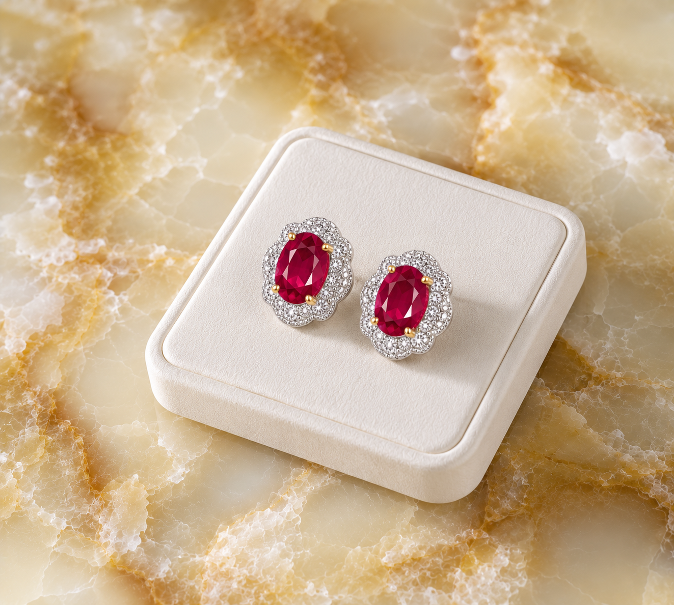Natural 4x6mm Ruby Halo Stud Earrings in 925 Sterling Silver with Platinum Plating and Cubic Zirconia by Phimsera