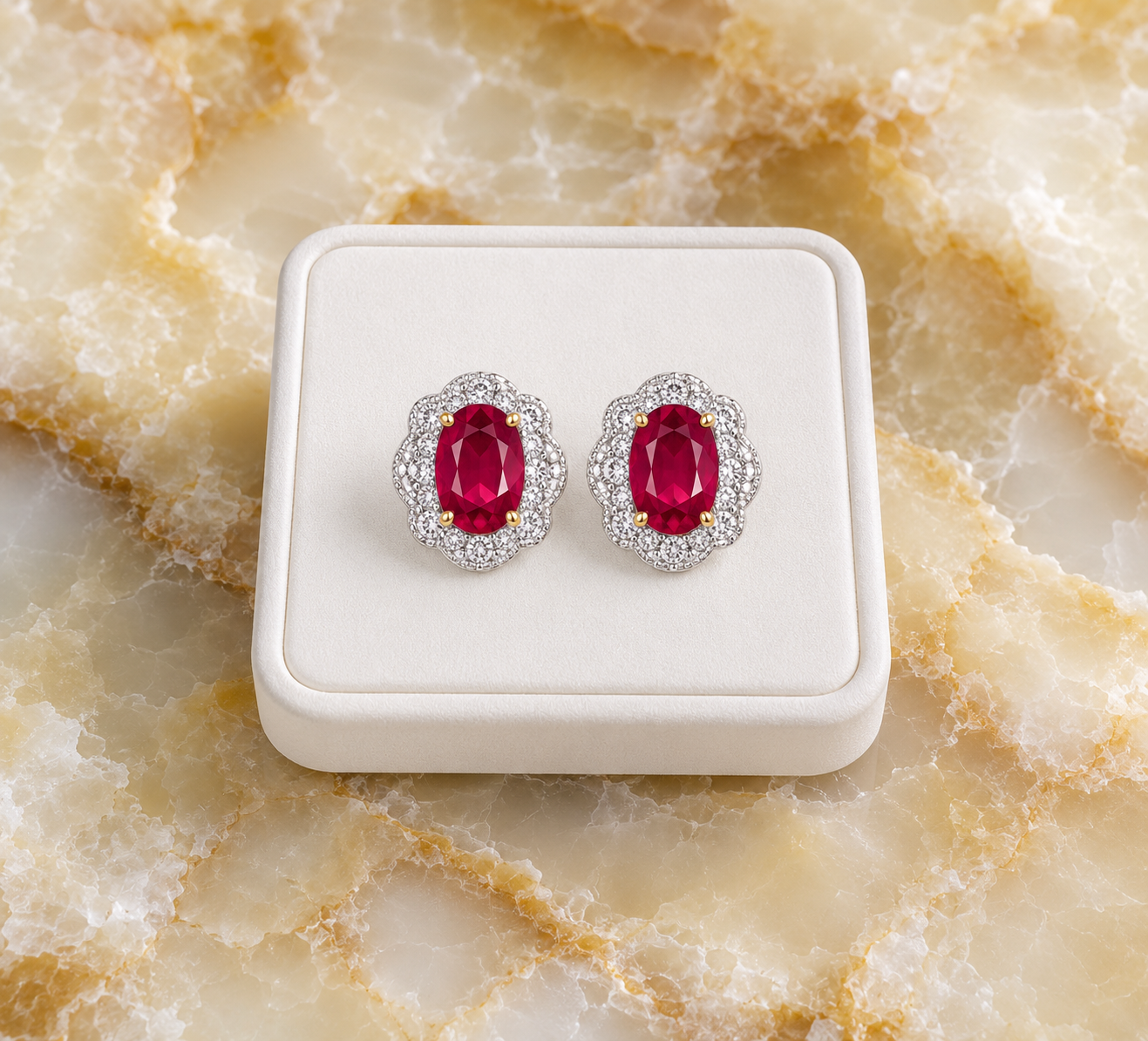 Natural 4x6mm Ruby Halo Stud Earrings in 925 Sterling Silver with Platinum Plating and Cubic Zirconia by Phimsera