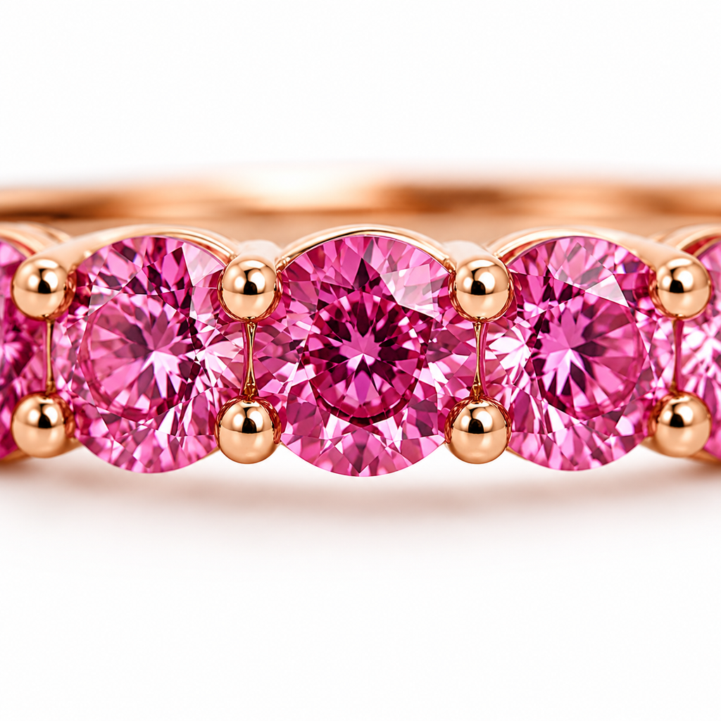 Natural Pink Garnet half eternity ring featuring seven genuine 3mm round pink garnets in rose gold plated 925 sterling silver on a white background.