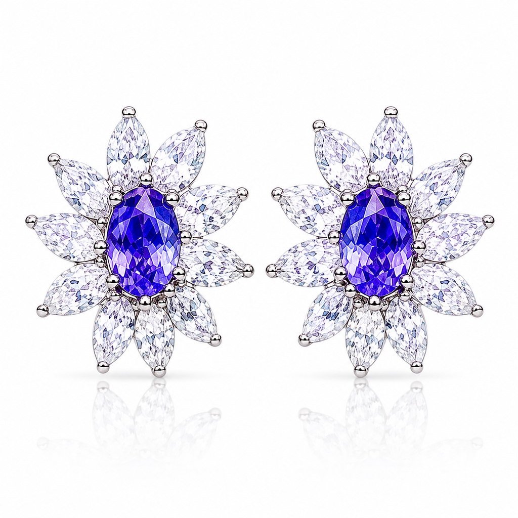 Natural Purple Tanzanite Halo Stud Earrings 4x6mm in 925 Sterling Silver with Platinum Plating by Phimsera