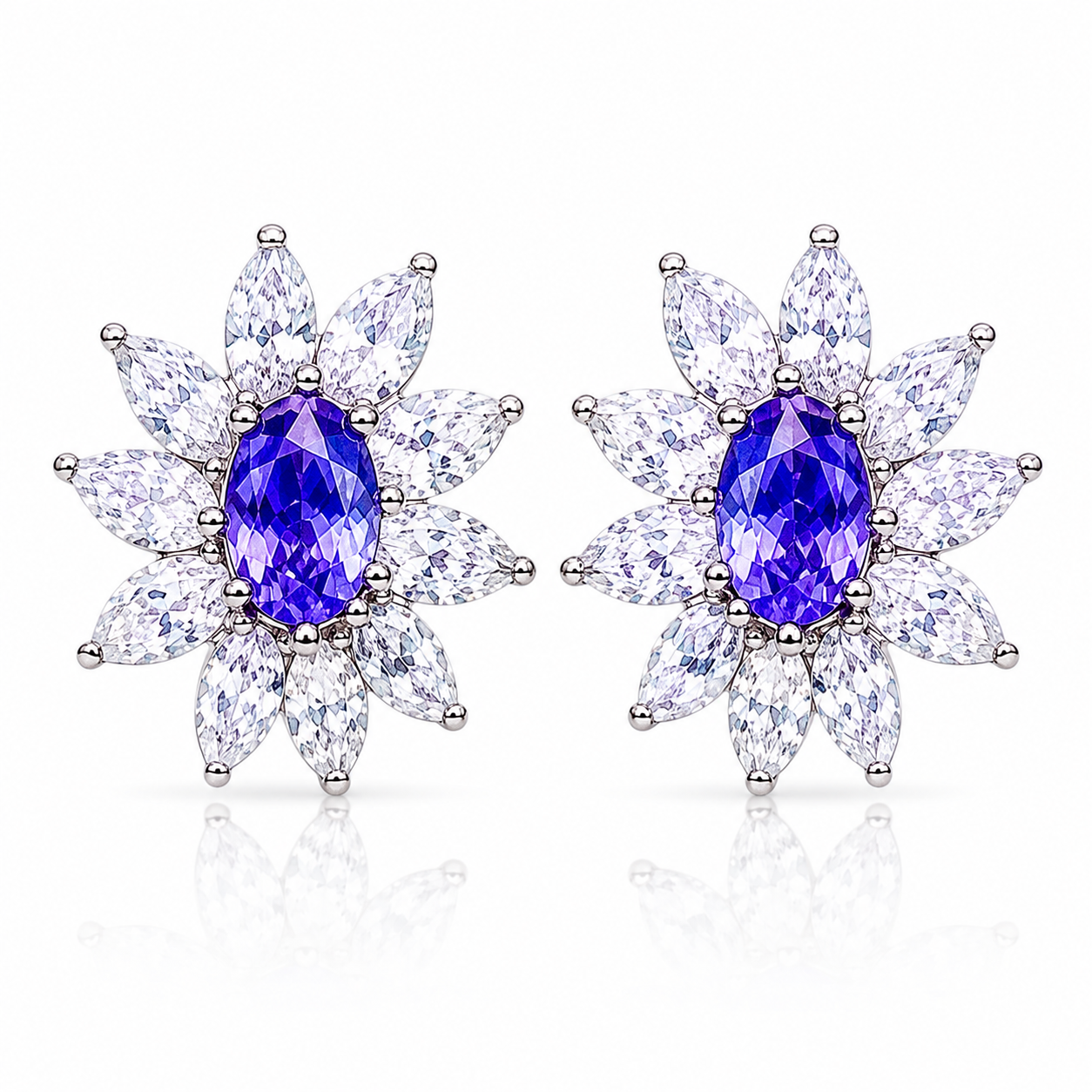 Natural Purple Tanzanite Halo Stud Earrings 4x6mm in 925 Sterling Silver with Platinum Plating by Phimsera