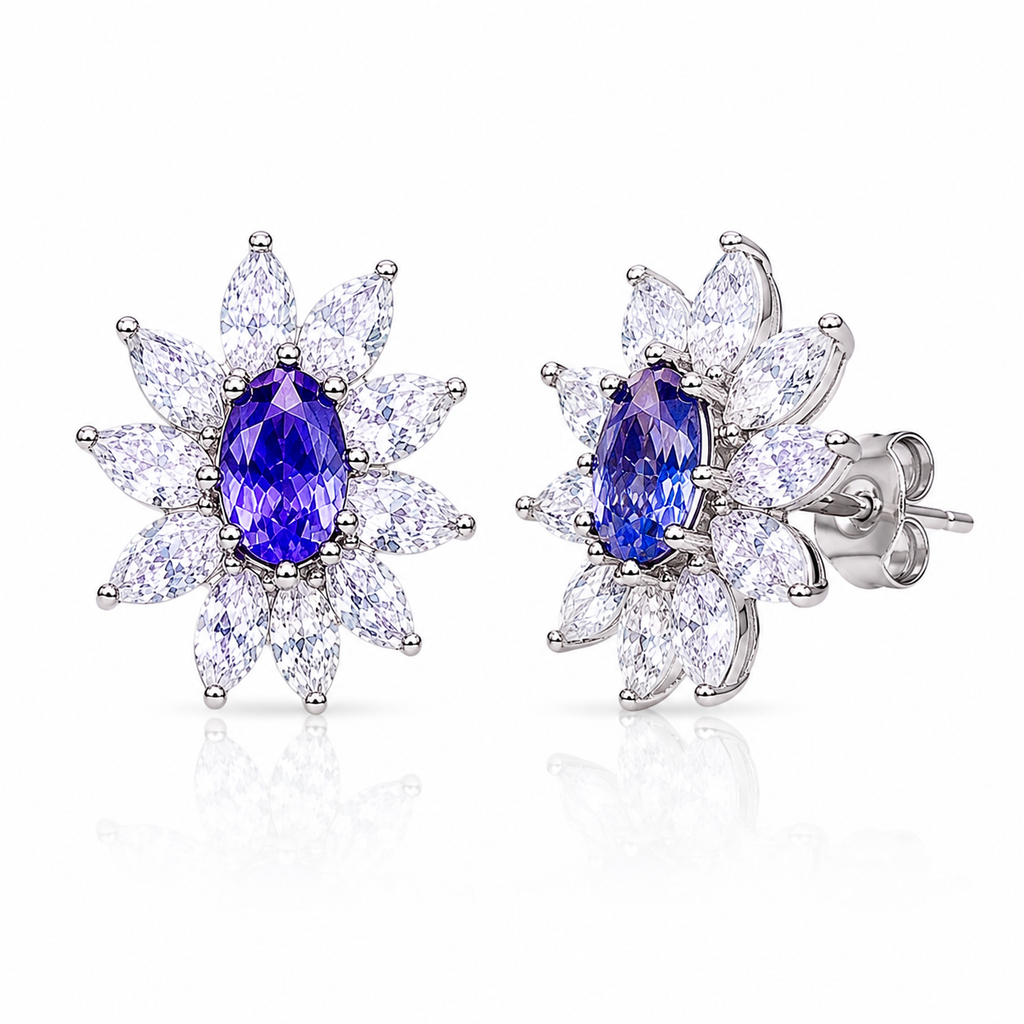 Natural Purple Tanzanite Halo Stud Earrings 4x6mm in 925 Sterling Silver with Platinum Plating by Phimsera