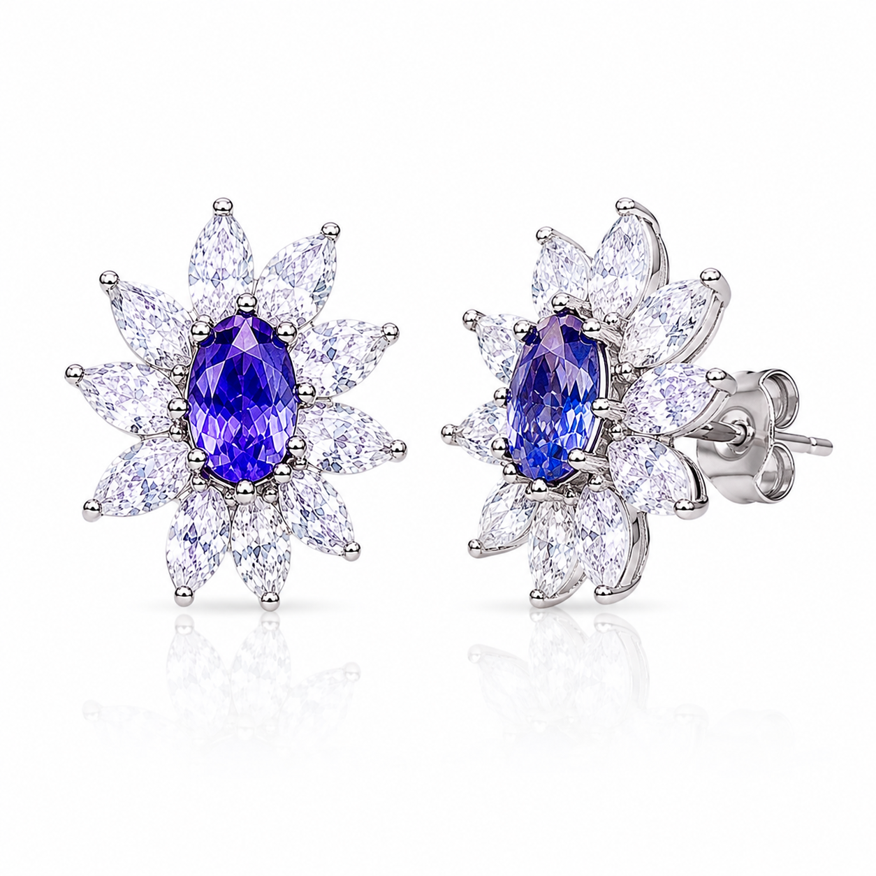 Natural Purple Tanzanite Halo Stud Earrings 4x6mm in 925 Sterling Silver with Platinum Plating by Phimsera