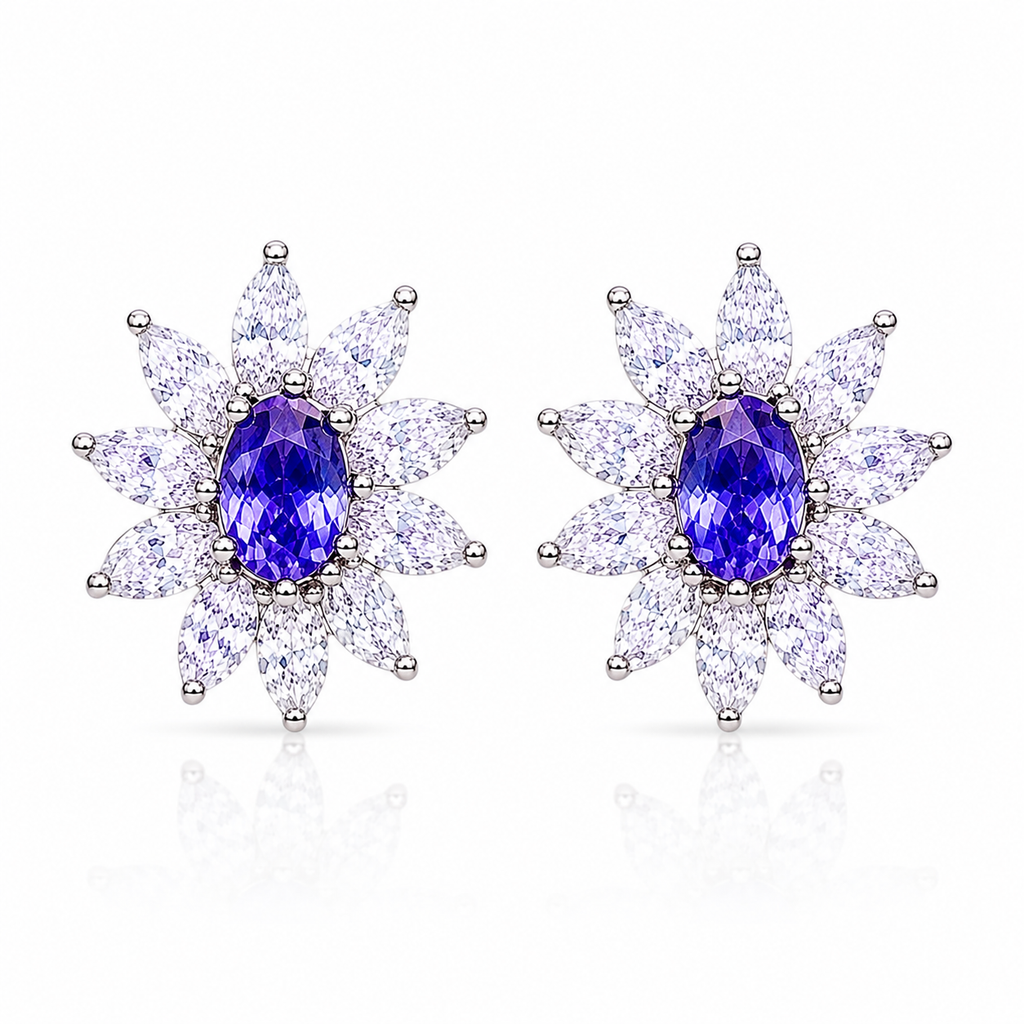 Natural Purple Tanzanite Halo Stud Earrings 4x6mm in 925 Sterling Silver with Platinum Plating by Phimsera