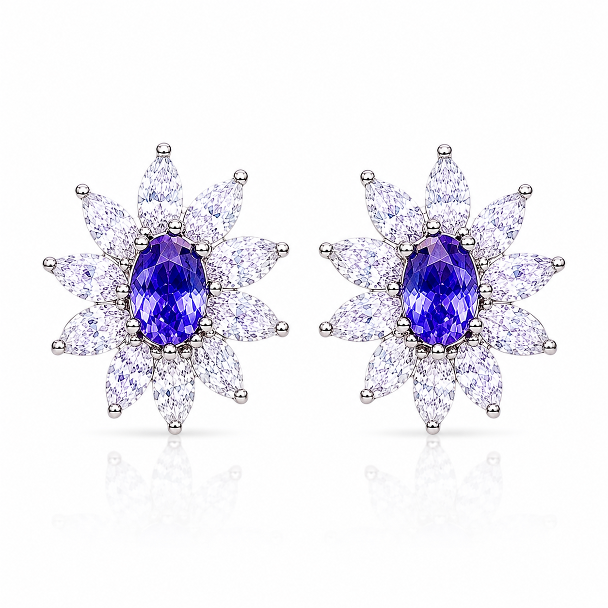 Natural Purple Tanzanite Halo Stud Earrings 4x6mm in 925 Sterling Silver with Platinum Plating by Phimsera