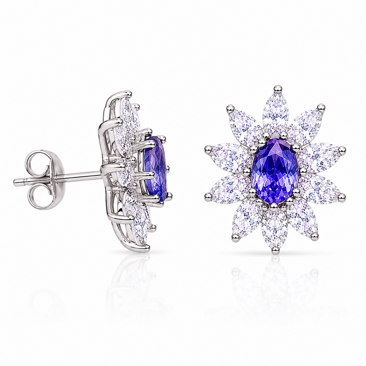 Natural Purple Tanzanite Halo Stud Earrings 4x6mm in 925 Sterling Silver with Platinum Plating by Phimsera