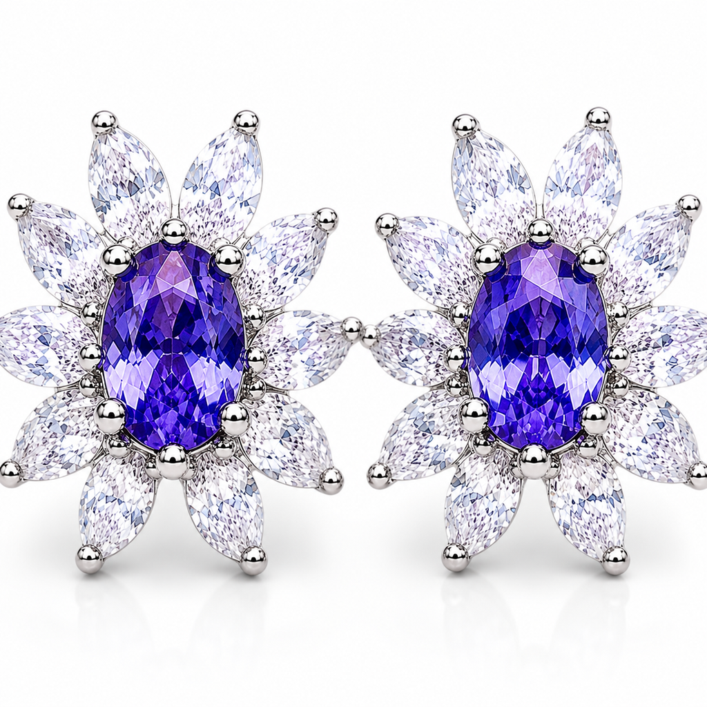 Natural Purple Tanzanite Halo Stud Earrings 4x6mm in 925 Sterling Silver with Platinum Plating by Phimsera