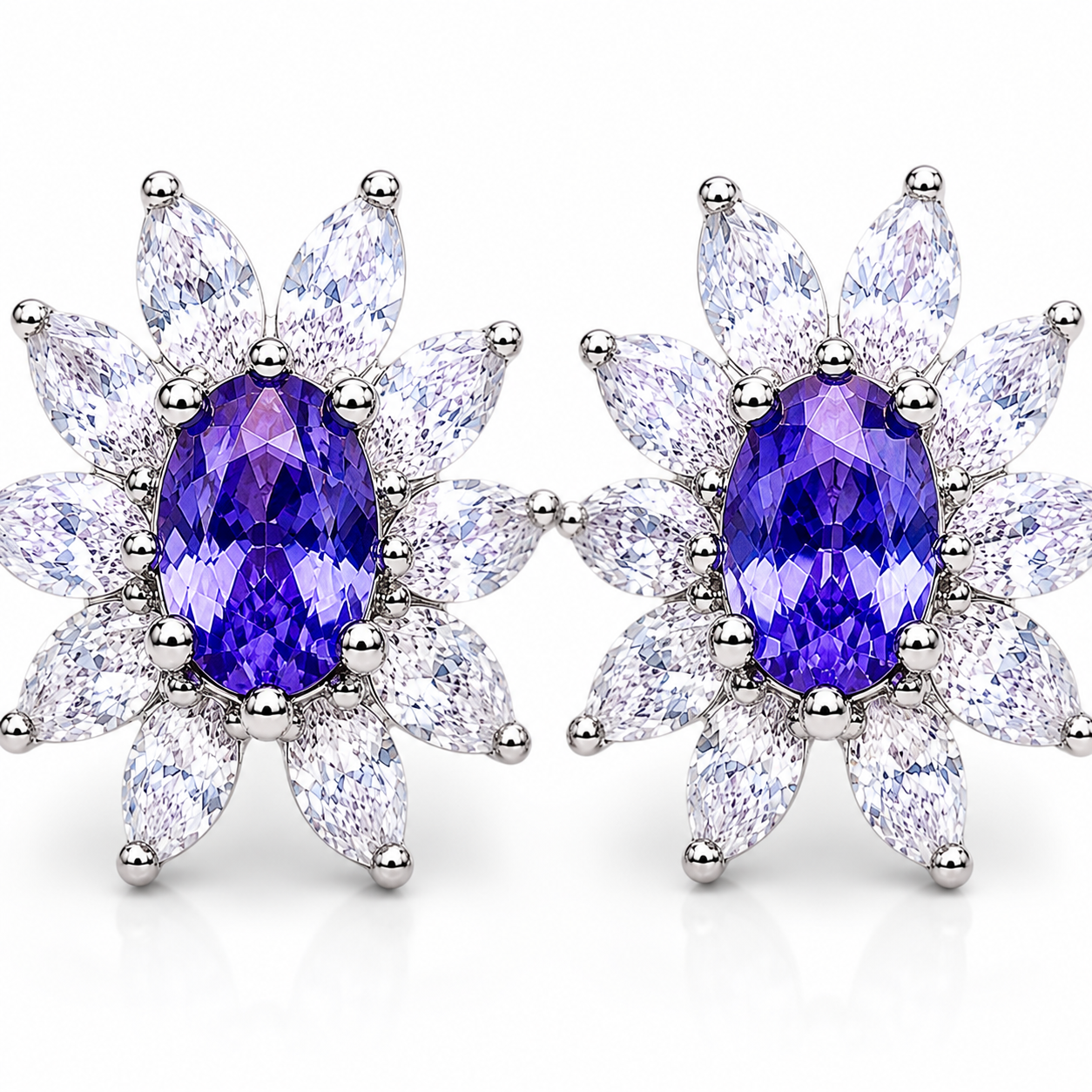 Natural Purple Tanzanite Halo Stud Earrings 4x6mm in 925 Sterling Silver with Platinum Plating by Phimsera