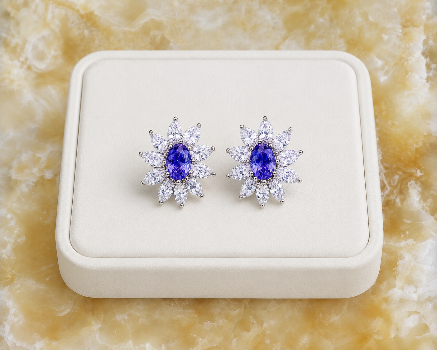 Natural Purple Tanzanite Halo Stud Earrings 4x6mm in 925 Sterling Silver with Platinum Plating by Phimsera