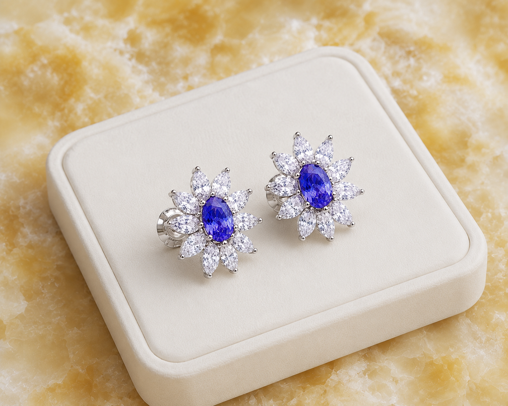 Natural Purple Tanzanite Halo Stud Earrings 4x6mm in 925 Sterling Silver with Platinum Plating by Phimsera