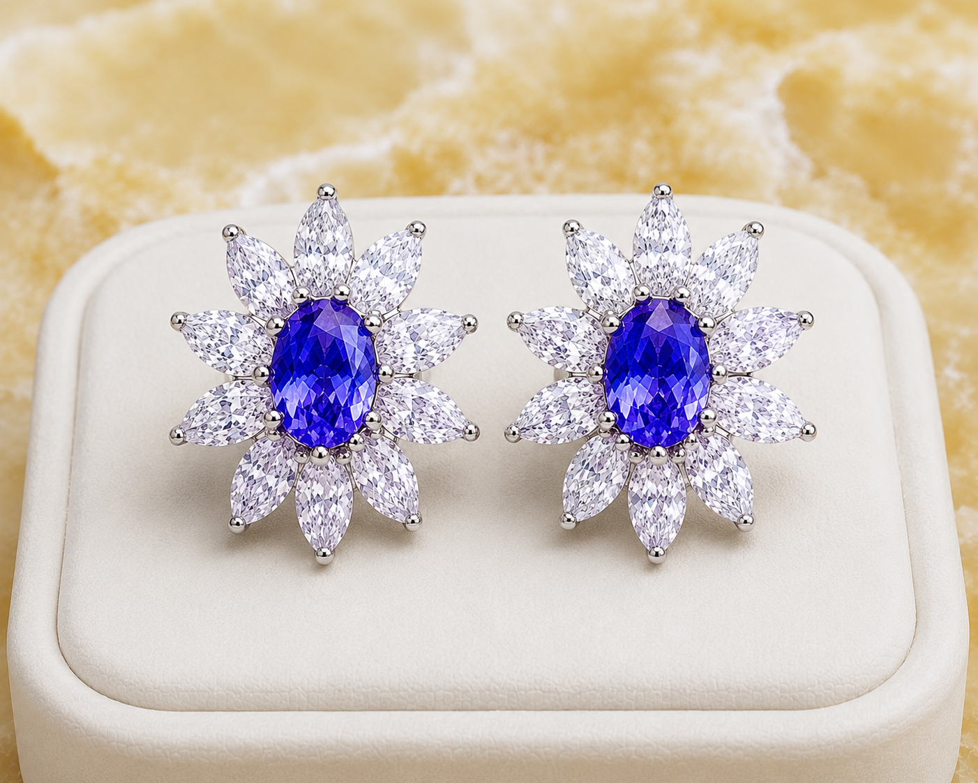 Natural Purple Tanzanite Halo Stud Earrings 4x6mm in 925 Sterling Silver with Platinum Plating by Phimsera