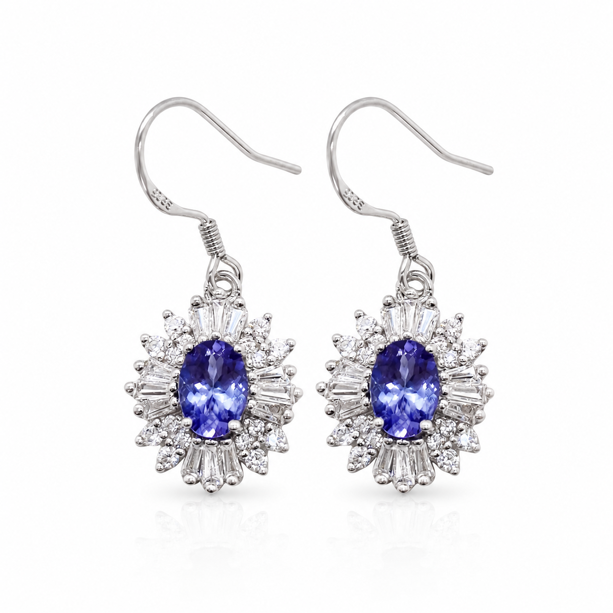 Natural 4x6mm Tanzanite Dangle Hook Earrings in 925 Sterling Silver with Platinum Plating by Phimsera