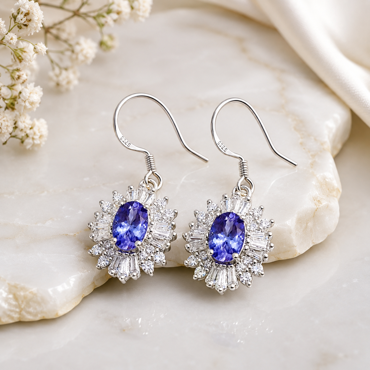 Natural 4x6mm Tanzanite Dangle Hook Earrings in 925 Sterling Silver with Platinum Plating by Phimsera