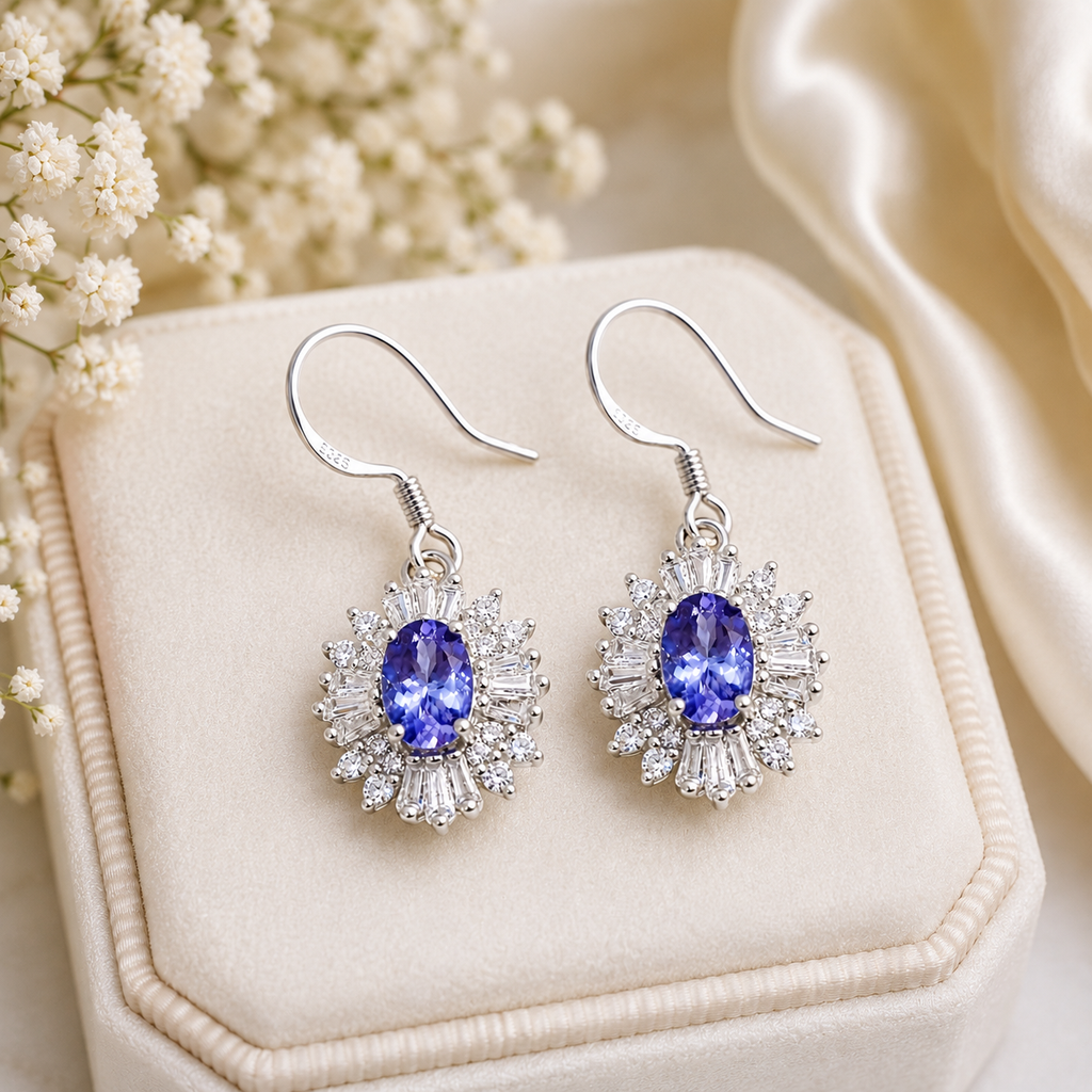 Natural 4x6mm Tanzanite Dangle Hook Earrings in 925 Sterling Silver with Platinum Plating by Phimsera