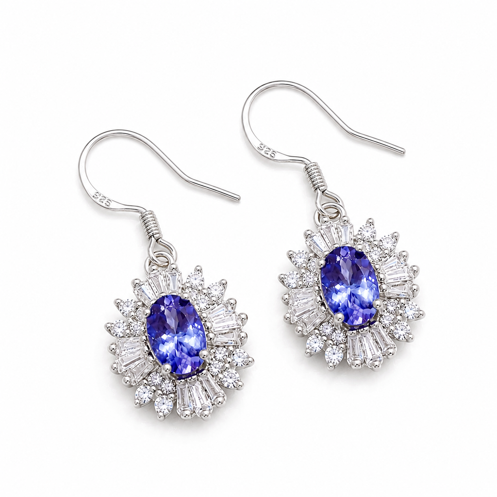 Natural 4x6mm Tanzanite Dangle Hook Earrings in 925 Sterling Silver with Platinum Plating by Phimsera