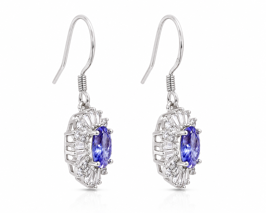 Natural 4x6mm Tanzanite Dangle Hook Earrings in 925 Sterling Silver with Platinum Plating by Phimsera
