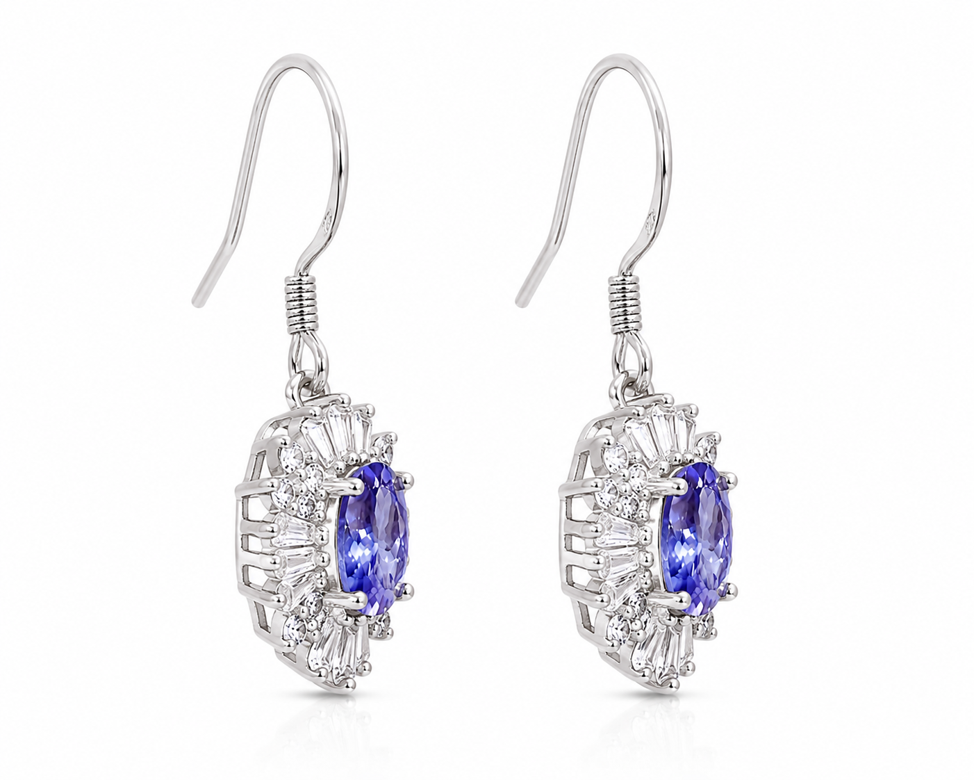 Natural 4x6mm Tanzanite Dangle Hook Earrings in 925 Sterling Silver with Platinum Plating by Phimsera