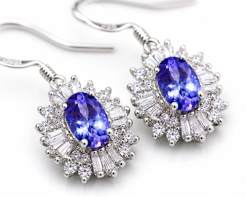 Natural 4x6mm Tanzanite Dangle Hook Earrings in 925 Sterling Silver with Platinum Plating by Phimsera