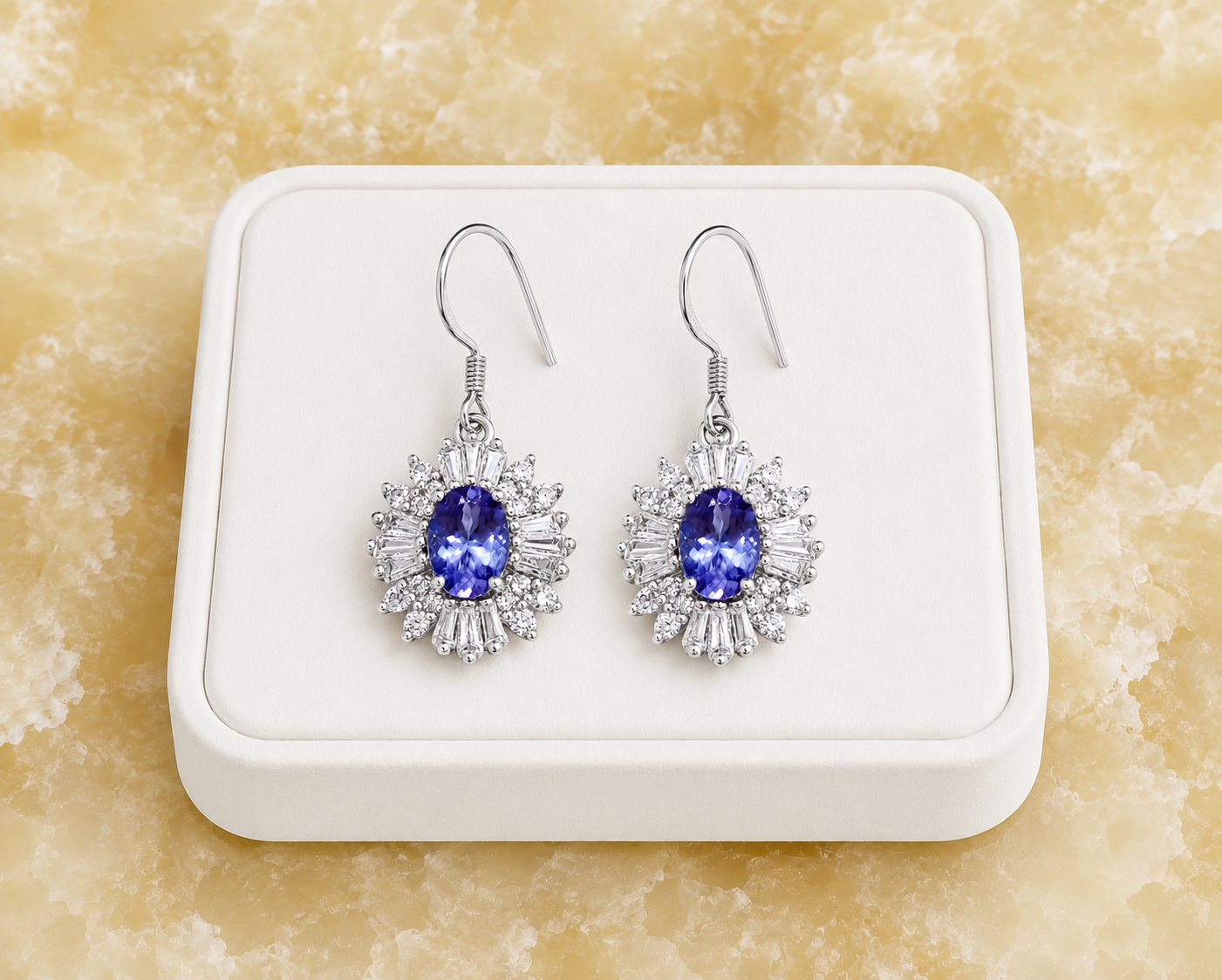 Natural 4x6mm Tanzanite Dangle Hook Earrings in 925 Sterling Silver with Platinum Plating by Phimsera