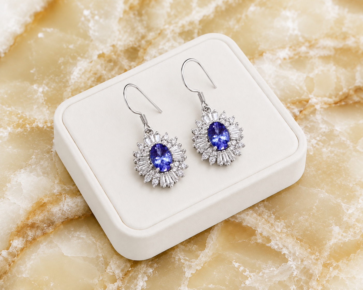 Natural 4x6mm Tanzanite Dangle Hook Earrings in 925 Sterling Silver with Platinum Plating by Phimsera