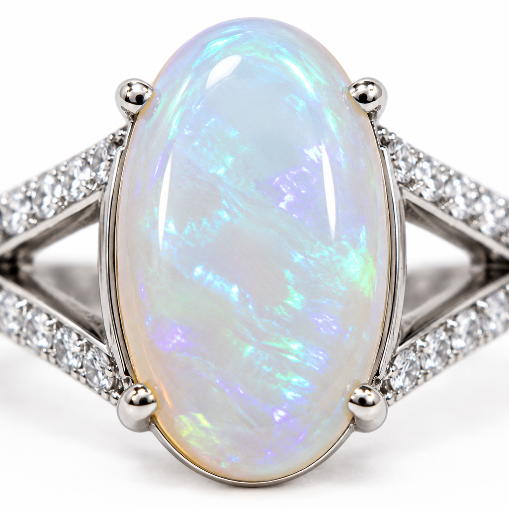 Natural Australian White Opal ring featuring a hand-selected 10–15 carat genuine opal in a sterling silver setting with cubic zirconia accents.