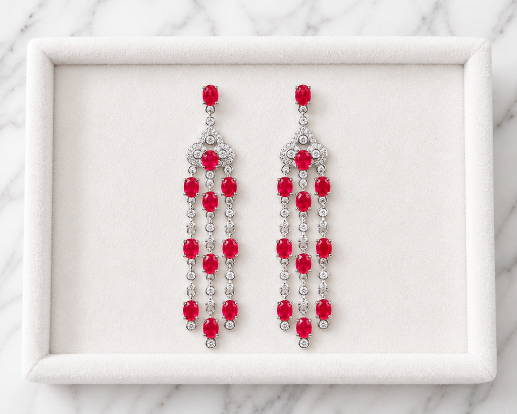 Natural ruby chandelier drop earrings featuring genuine 3x4mm oval rubies, cubic zirconia accents, and platinum plated 925 sterling silver on a white background.