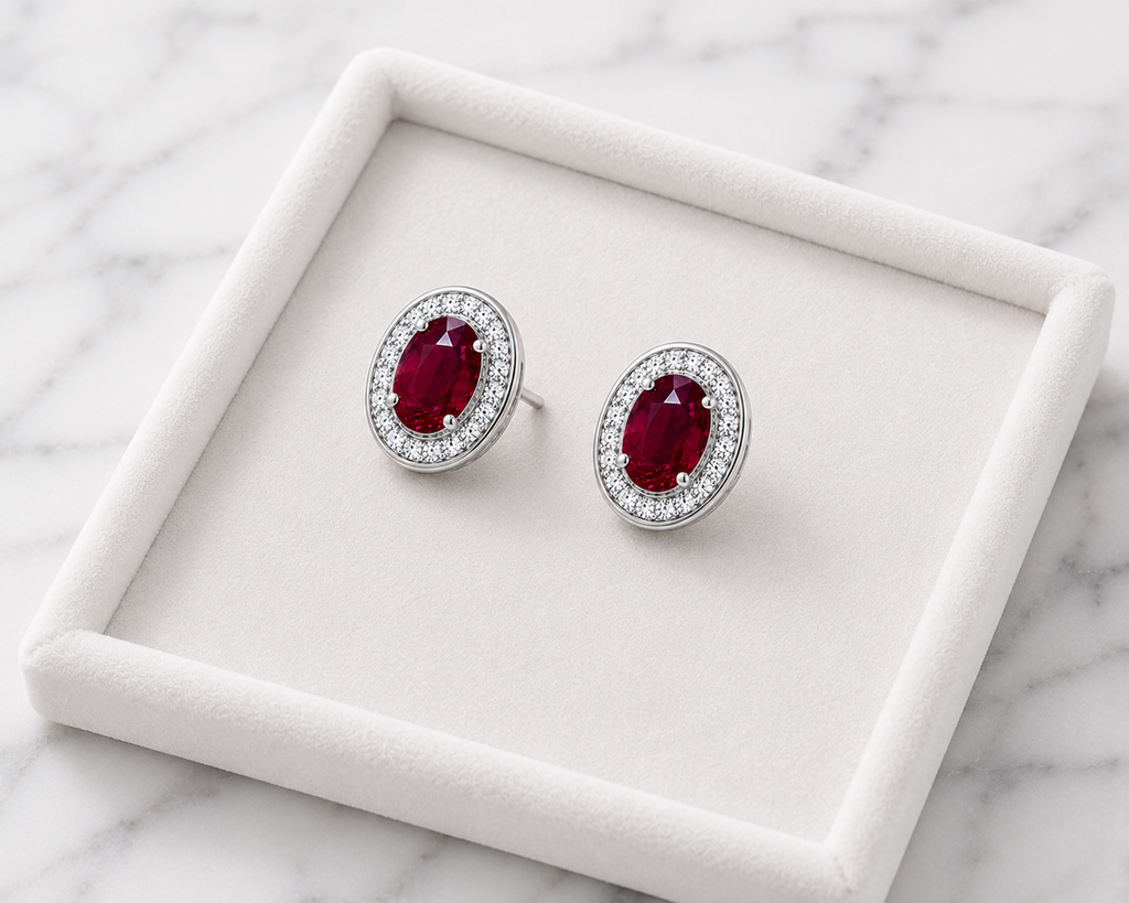 Natural 4x6mm oval ruby halo stud earrings in platinum plated 925 sterling silver with sparkling cubic zirconia on a white background.