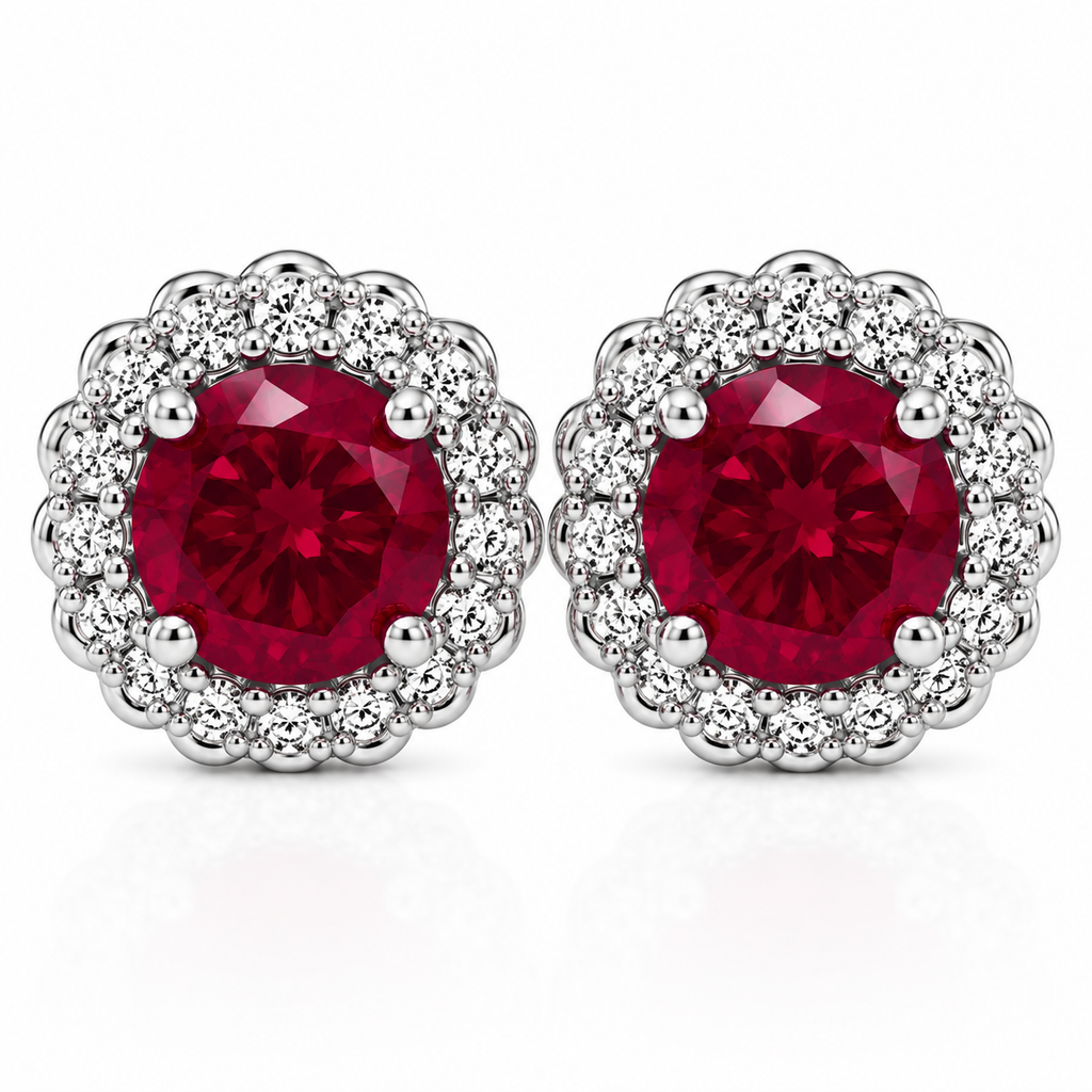 Natural 5mm ruby stud earrings in 925 sterling silver with sparkling halo cubic zirconia and platinum plating on a white background.