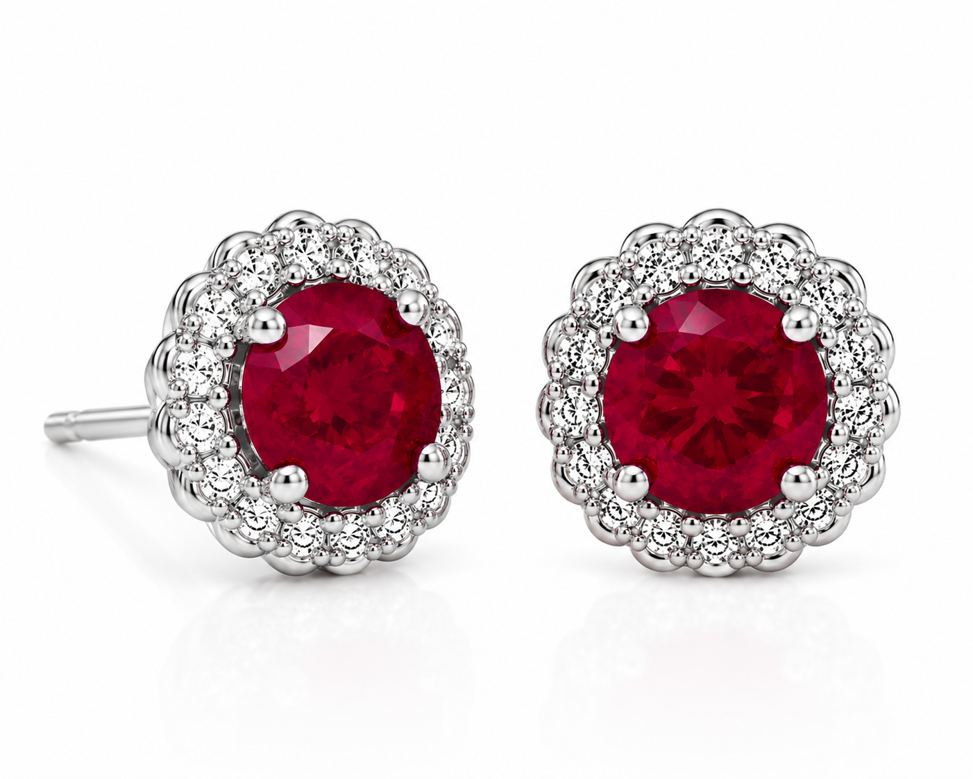 Natural 5mm ruby stud earrings in 925 sterling silver with sparkling halo cubic zirconia and platinum plating on a white background.