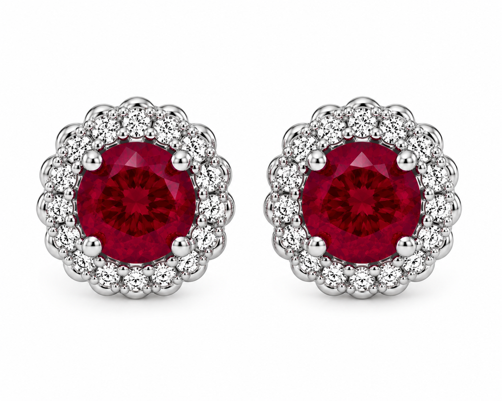 Natural 5mm ruby stud earrings in 925 sterling silver with sparkling halo cubic zirconia and platinum plating on a white background.