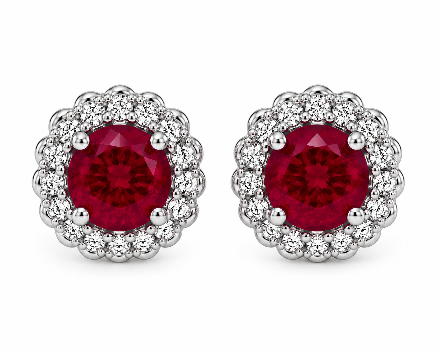 Natural 5mm ruby stud earrings in 925 sterling silver with sparkling halo cubic zirconia and platinum plating on a white background.