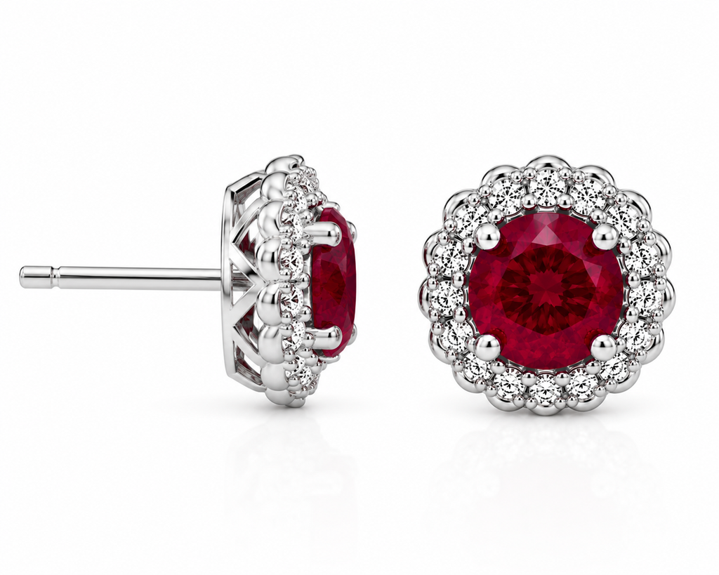 Natural 5mm ruby stud earrings in 925 sterling silver with sparkling halo cubic zirconia and platinum plating on a white background.