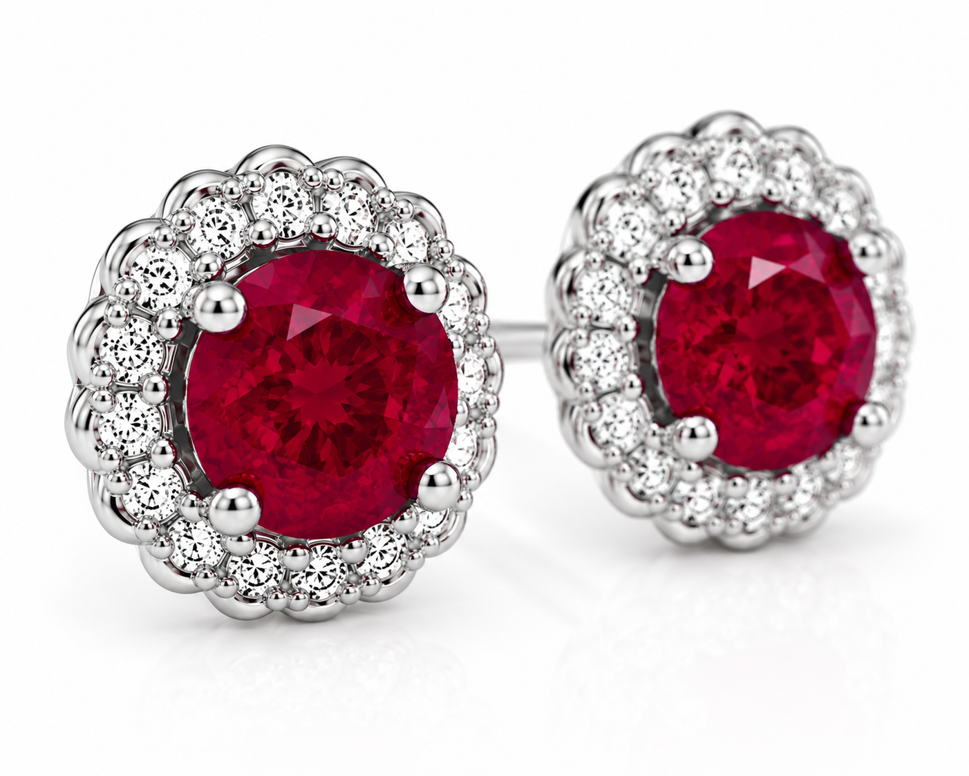 Natural 5mm ruby stud earrings in 925 sterling silver with sparkling halo cubic zirconia and platinum plating on a white background.