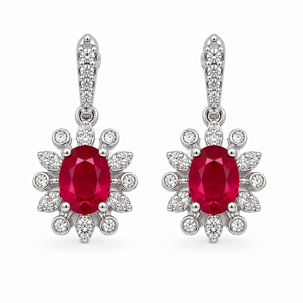 Natural 4x5mm ruby flower dangle earrings in platinum plated 925 sterling silver with genuine oval ruby gemstones