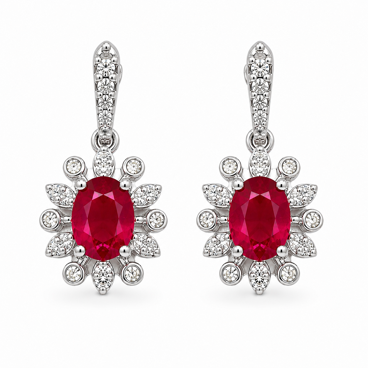 Natural 4x5mm ruby flower dangle earrings in platinum plated 925 sterling silver with genuine oval ruby gemstones