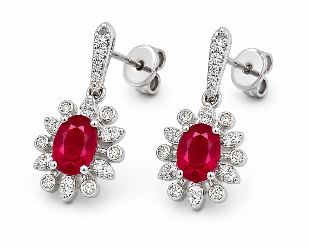 Natural 4x5mm ruby flower dangle earrings in platinum plated 925 sterling silver with genuine oval ruby gemstones