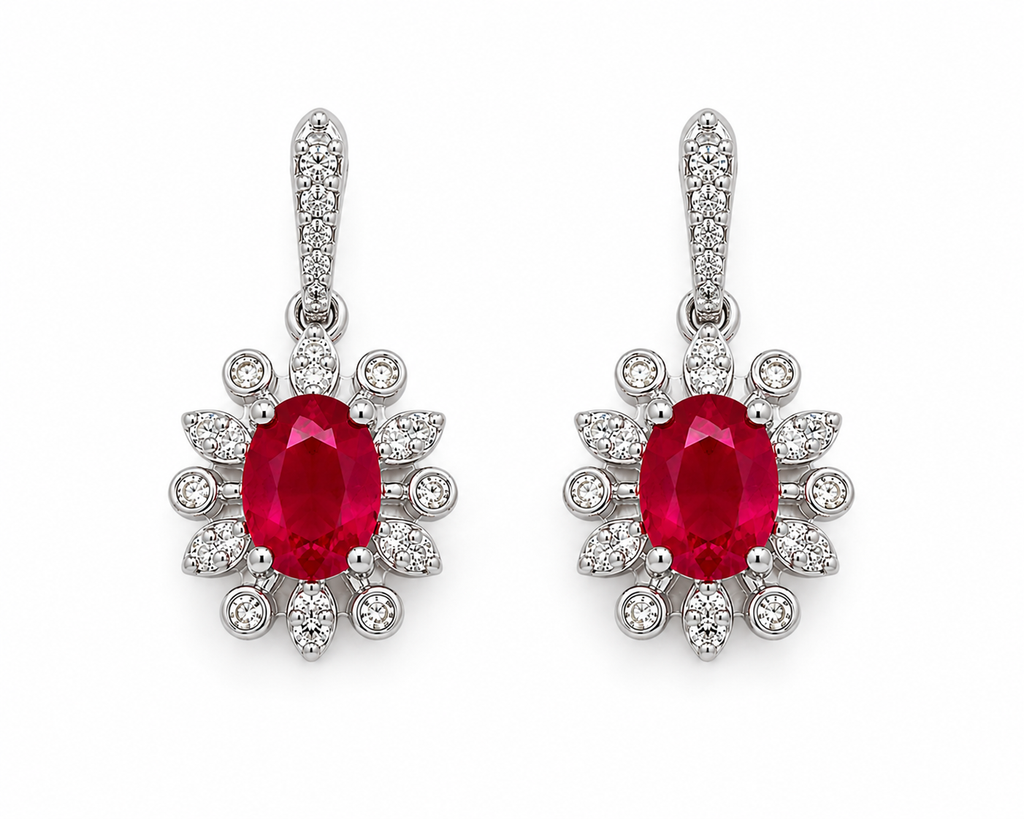 Natural 4x5mm ruby flower dangle earrings in platinum plated 925 sterling silver with genuine oval ruby gemstones