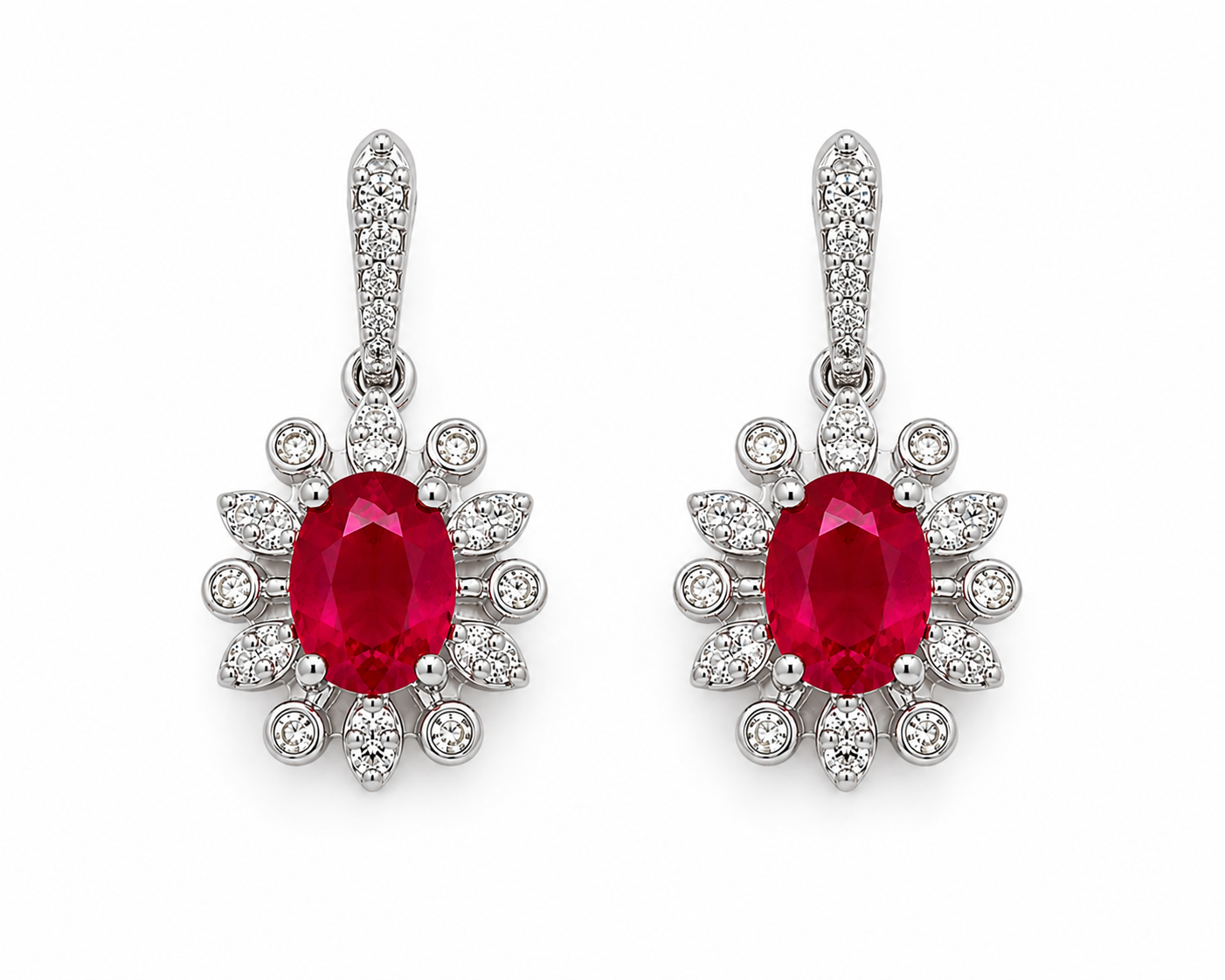 Natural 4x5mm ruby flower dangle earrings in platinum plated 925 sterling silver with genuine oval ruby gemstones
