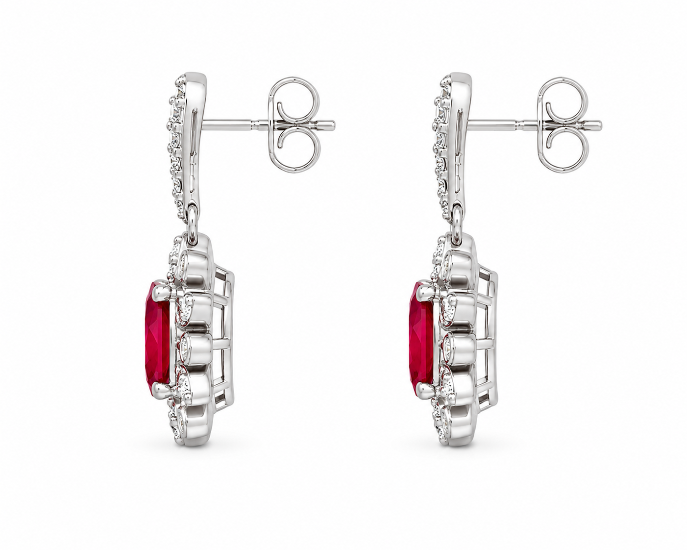 Natural 4x5mm ruby flower dangle earrings in platinum plated 925 sterling silver with genuine oval ruby gemstones
