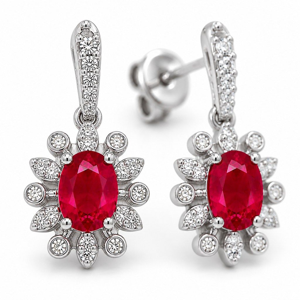 Natural 4x5mm ruby flower dangle earrings in platinum plated 925 sterling silver with genuine oval ruby gemstones