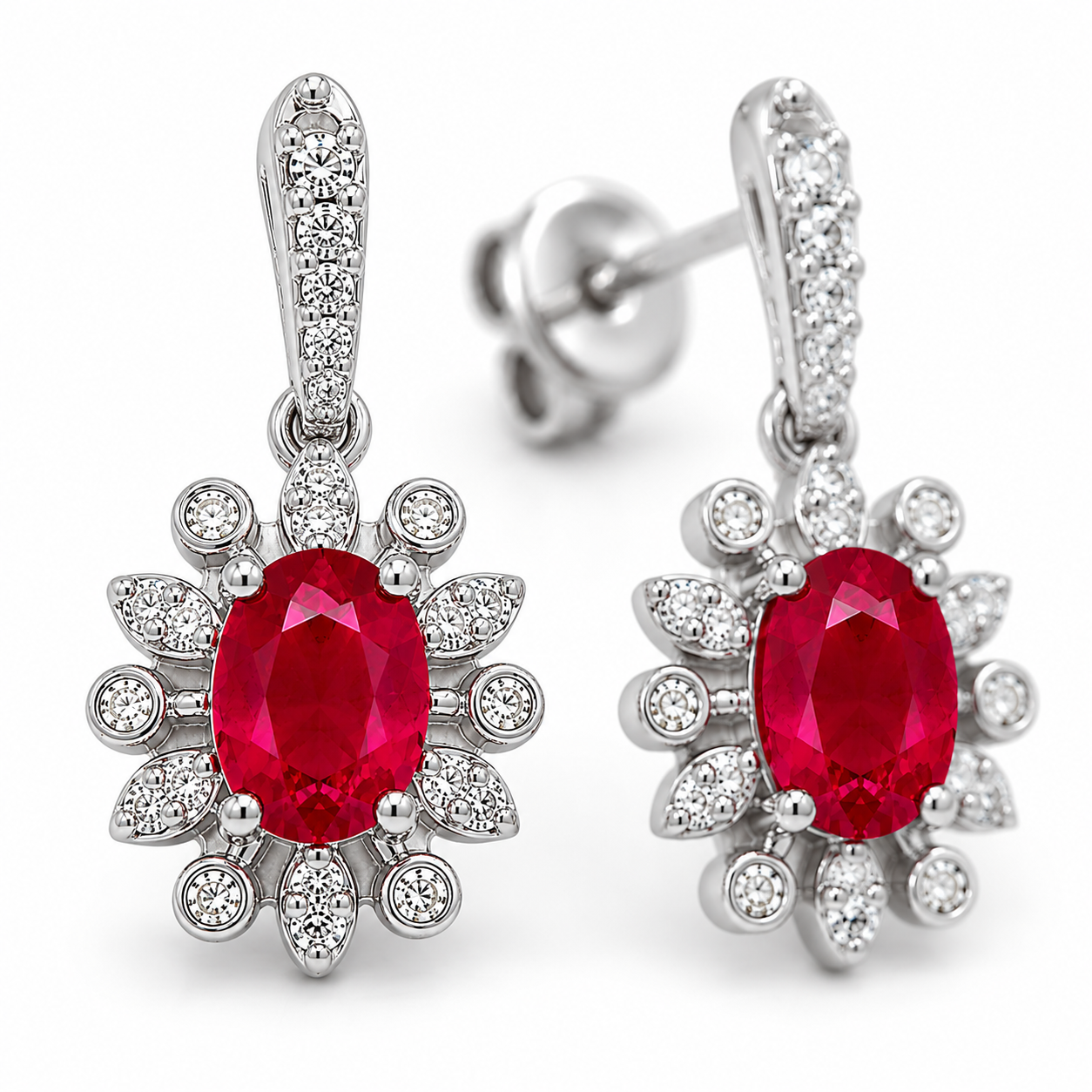 Natural 4x5mm ruby flower dangle earrings in platinum plated 925 sterling silver with genuine oval ruby gemstones