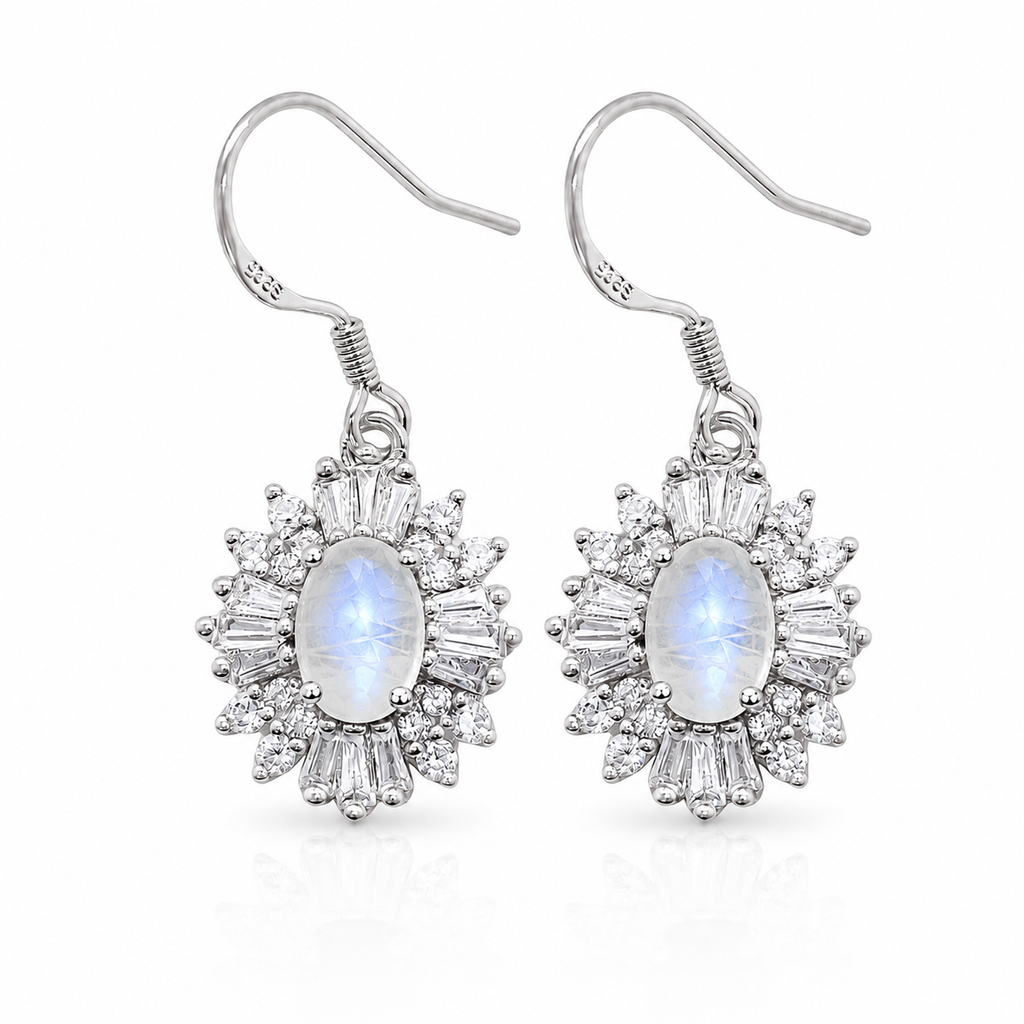 Natural Blue Moonstone Dangle Earrings in 925 Sterling Silver with 4x6mm Genuine Blue Moonstone and Cubic Zirconia Floral Halo