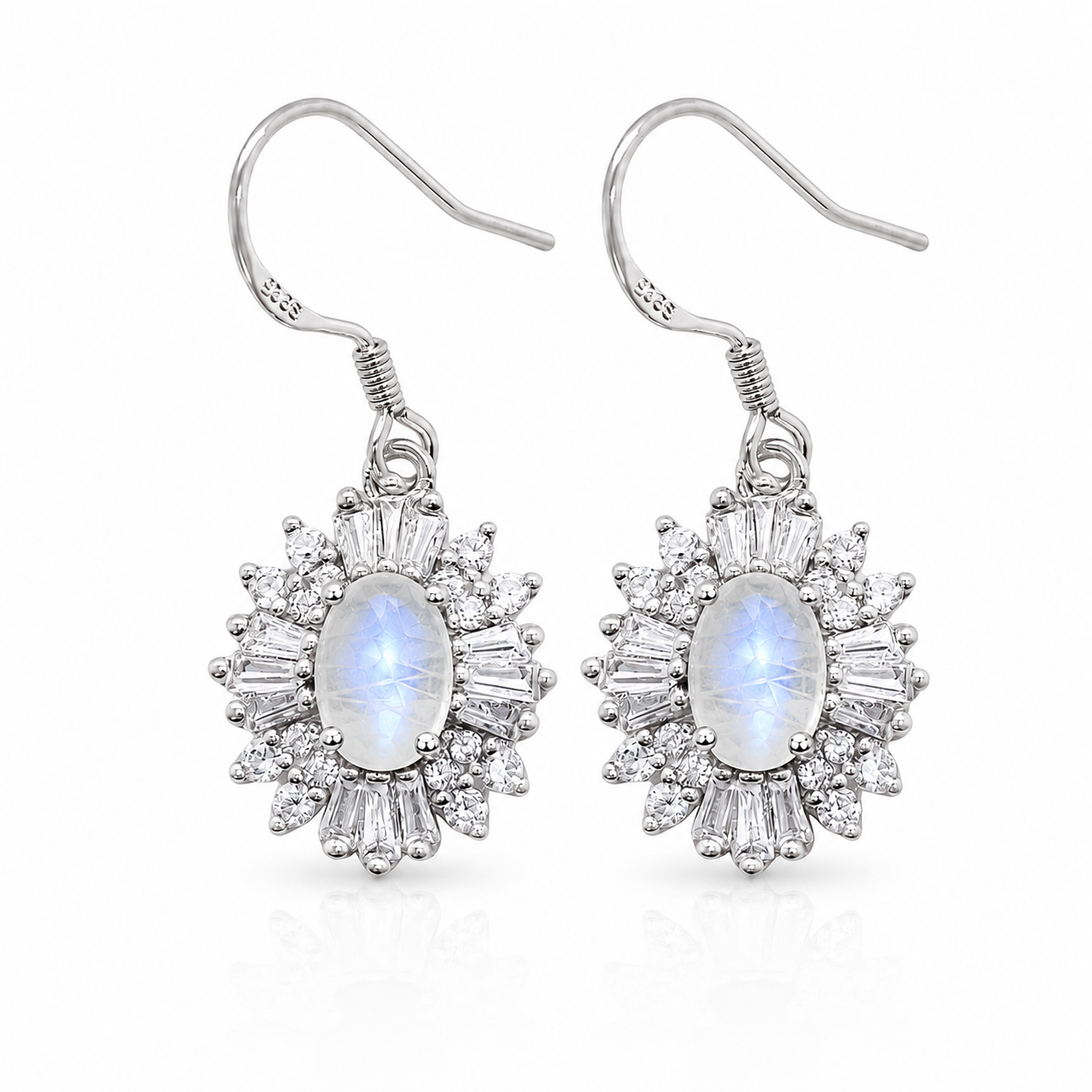 Natural Blue Moonstone Dangle Earrings in 925 Sterling Silver with 4x6mm Genuine Blue Moonstone and Cubic Zirconia Floral Halo