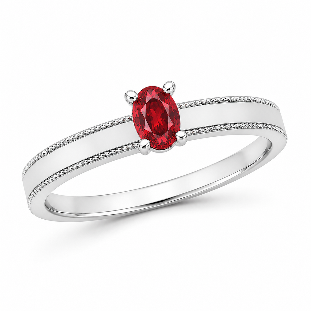 Natural 4×6mm oval red garnet ring crafted in platinum plated 925 sterling silver with vintage-inspired milgrain detailing and cubic zirconia accents on a white background.