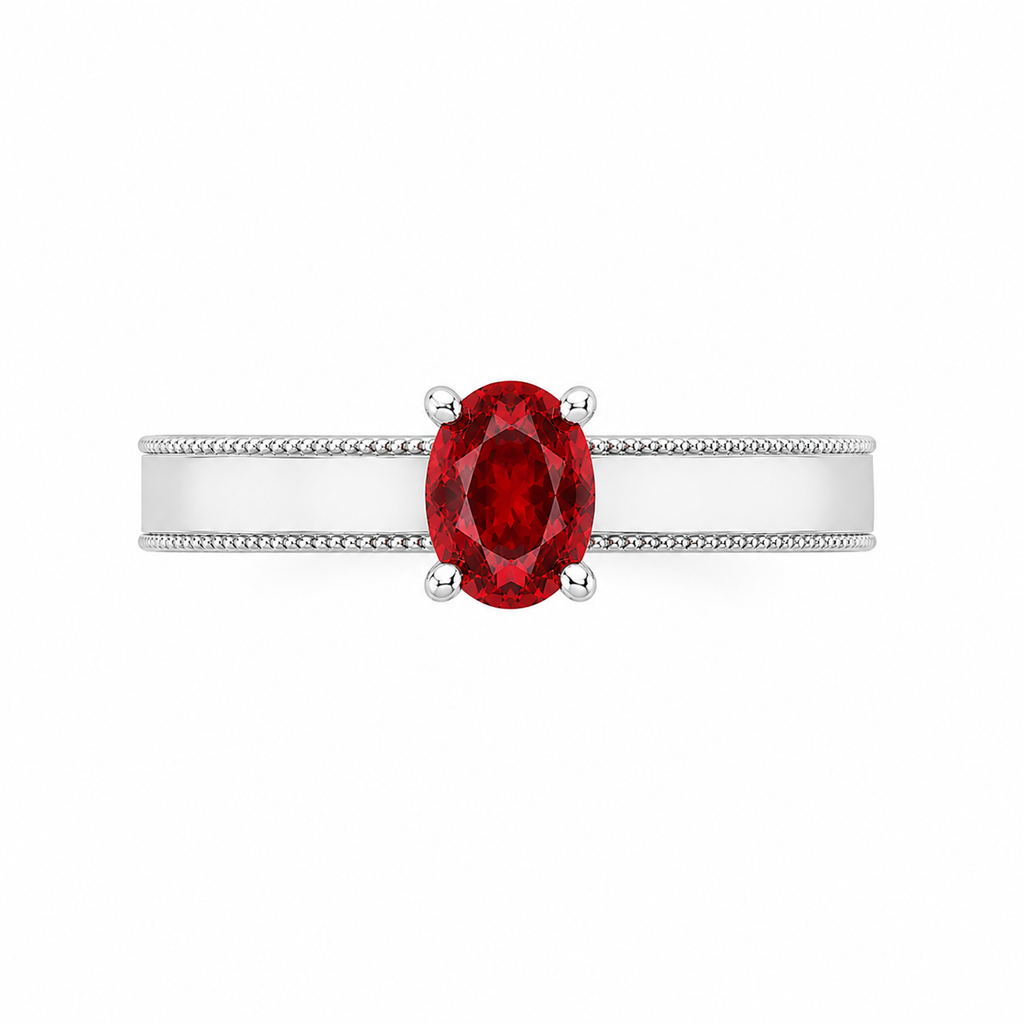 Natural 4×6mm oval red garnet ring crafted in platinum plated 925 sterling silver with vintage-inspired milgrain detailing and cubic zirconia accents on a white background.