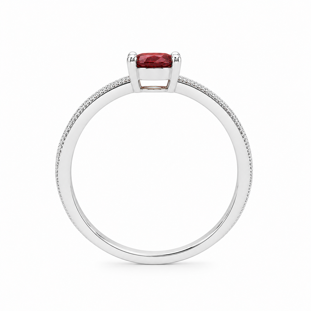 Natural 4×6mm oval red garnet ring crafted in platinum plated 925 sterling silver with vintage-inspired milgrain detailing and cubic zirconia accents on a white background.
